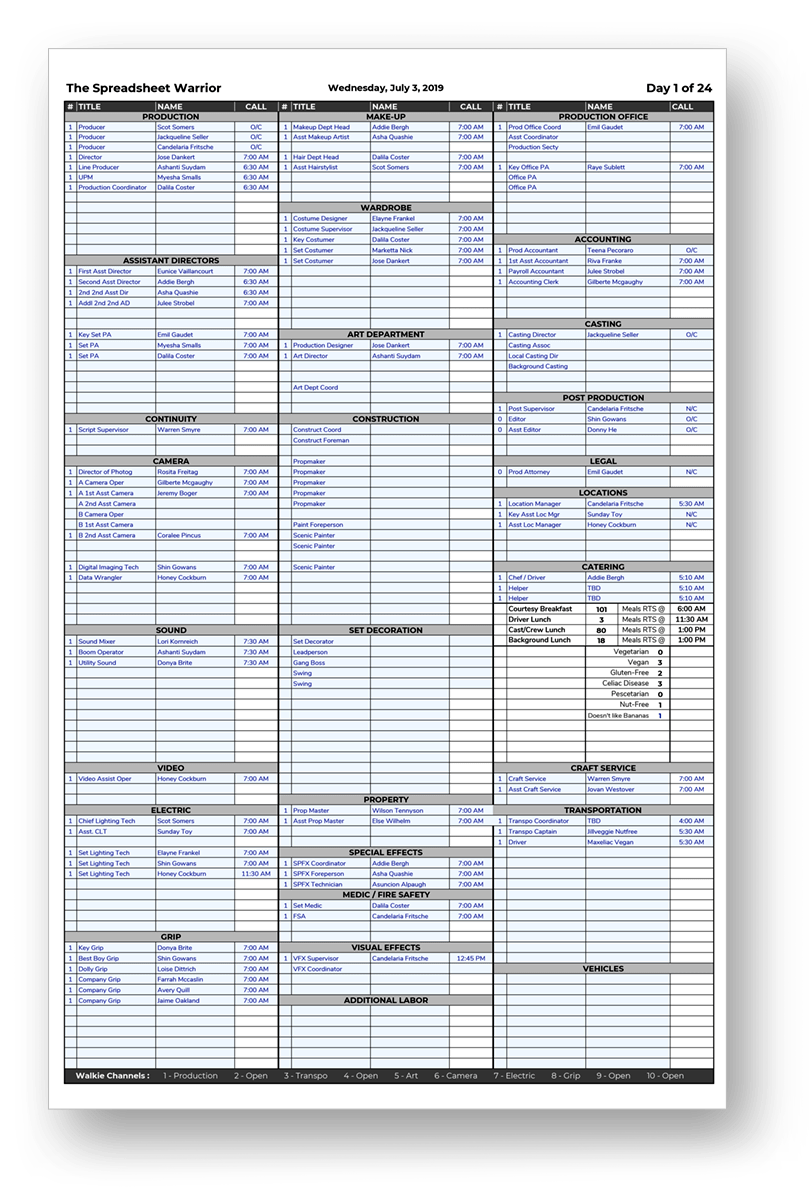 G-Casper call sheet back: full crew list with departments, positions, and contact info
