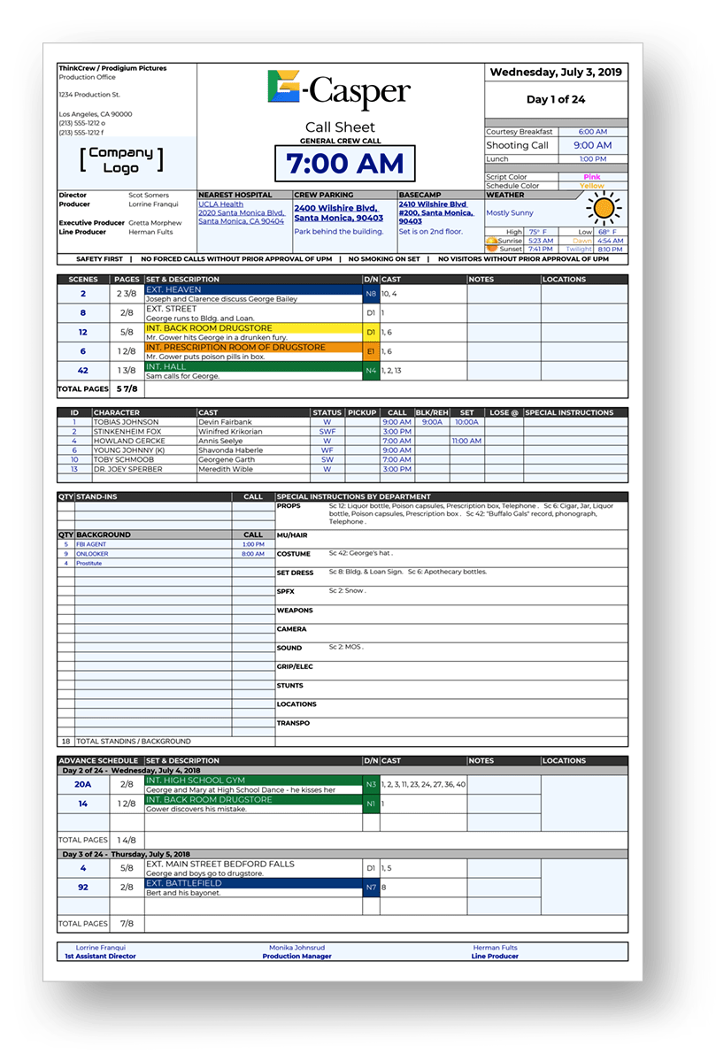 G-Casper call sheet front: shooting schedule, cast calls, weather strip, and location block